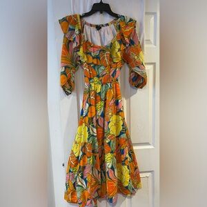 J Crew Orange Tropical Floral Ruffle Off Shoulder Belted Flounce Midi Dress XXS